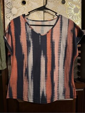 SHEIN Navy, Rust & Light Gray Striped V-Neck Tee